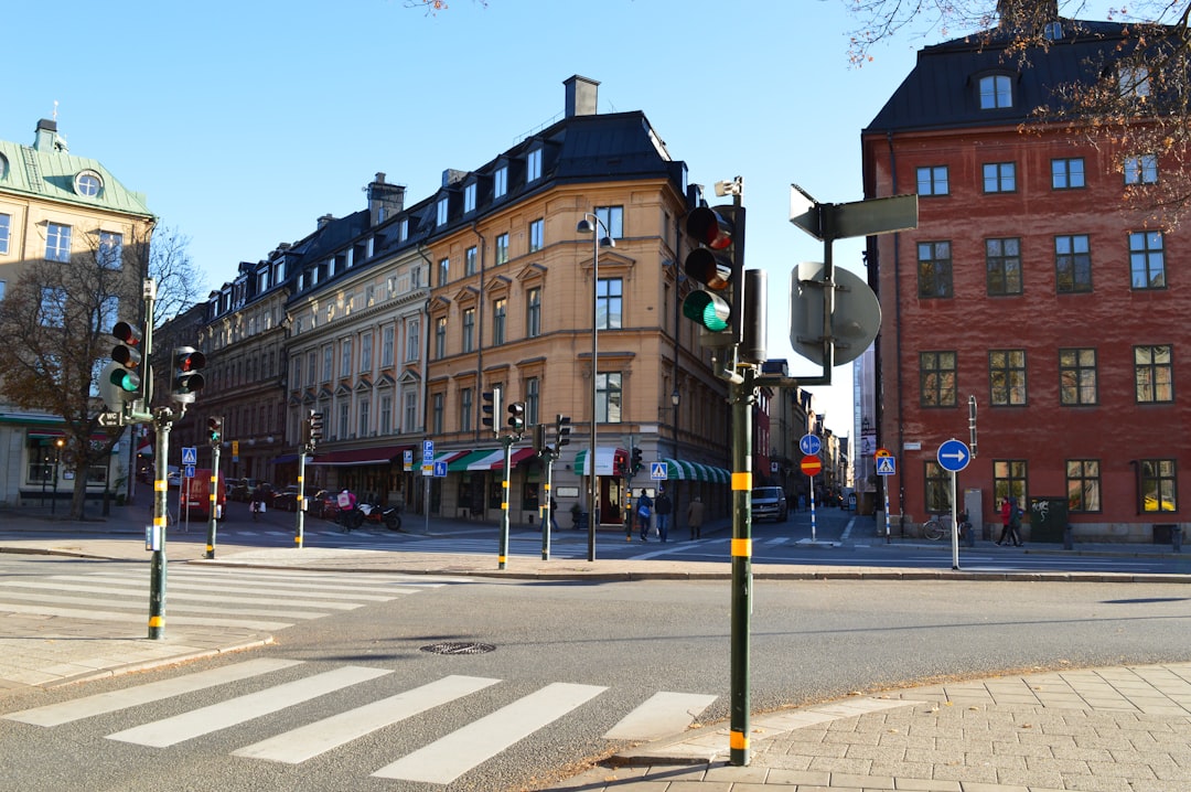 A street corner with a traffic light and buildings in the background