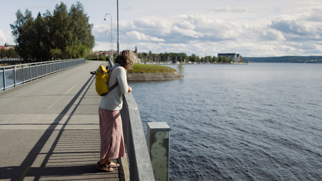 A woman standing on a pier next to a body of water