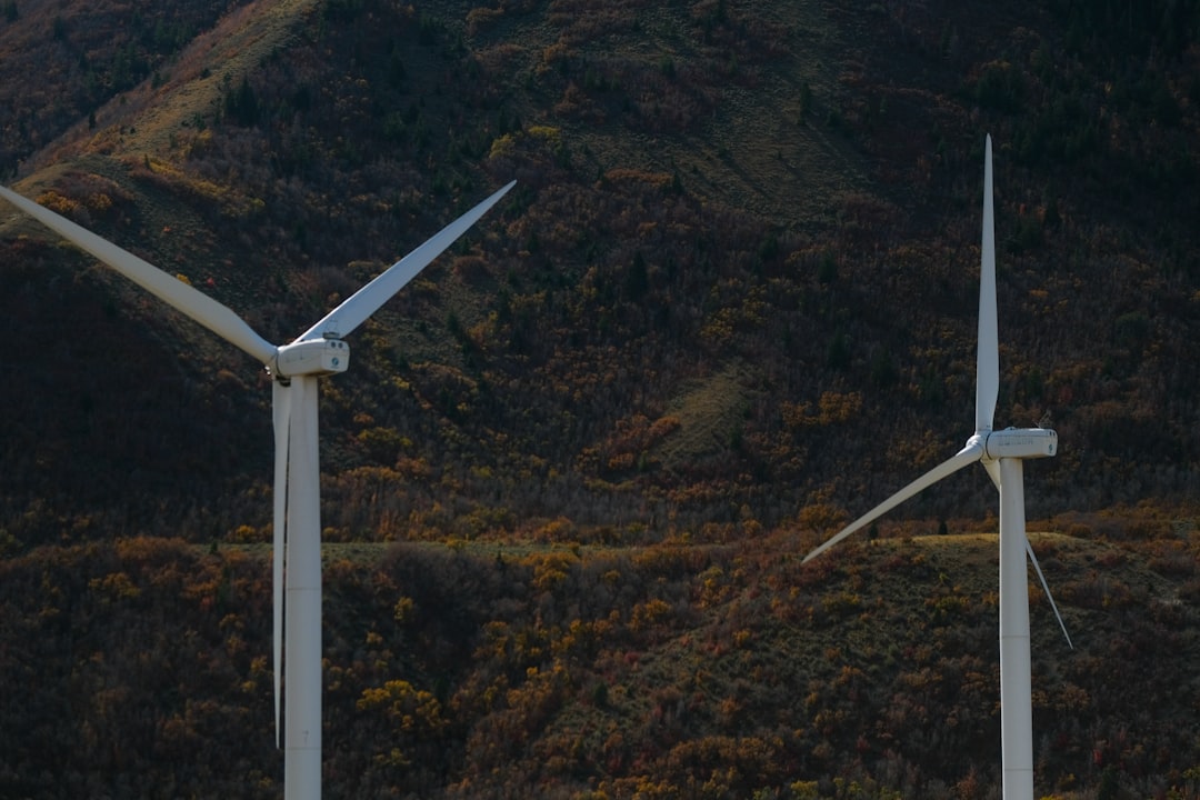 a couple of windmills that are standing in the grass